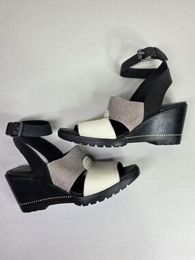 Sorel After Hours Black and Cream Wedge Sandals